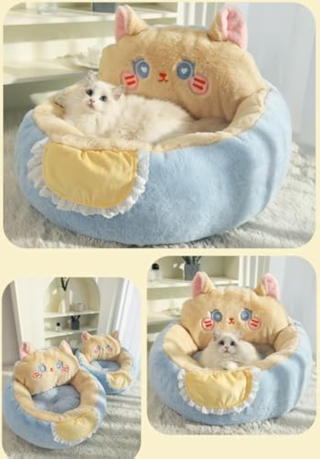 Plush Bear Cat & Small Dog Bed with Washable Cushion