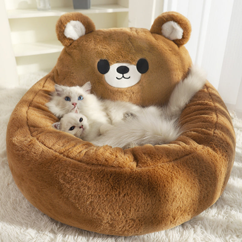 Plush Bear Cat & Small Dog Bed with Washable Cushion