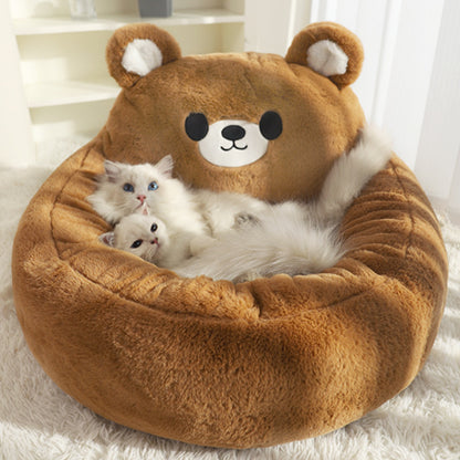 Plush Bear Cat & Small Dog Bed with Washable Cushion