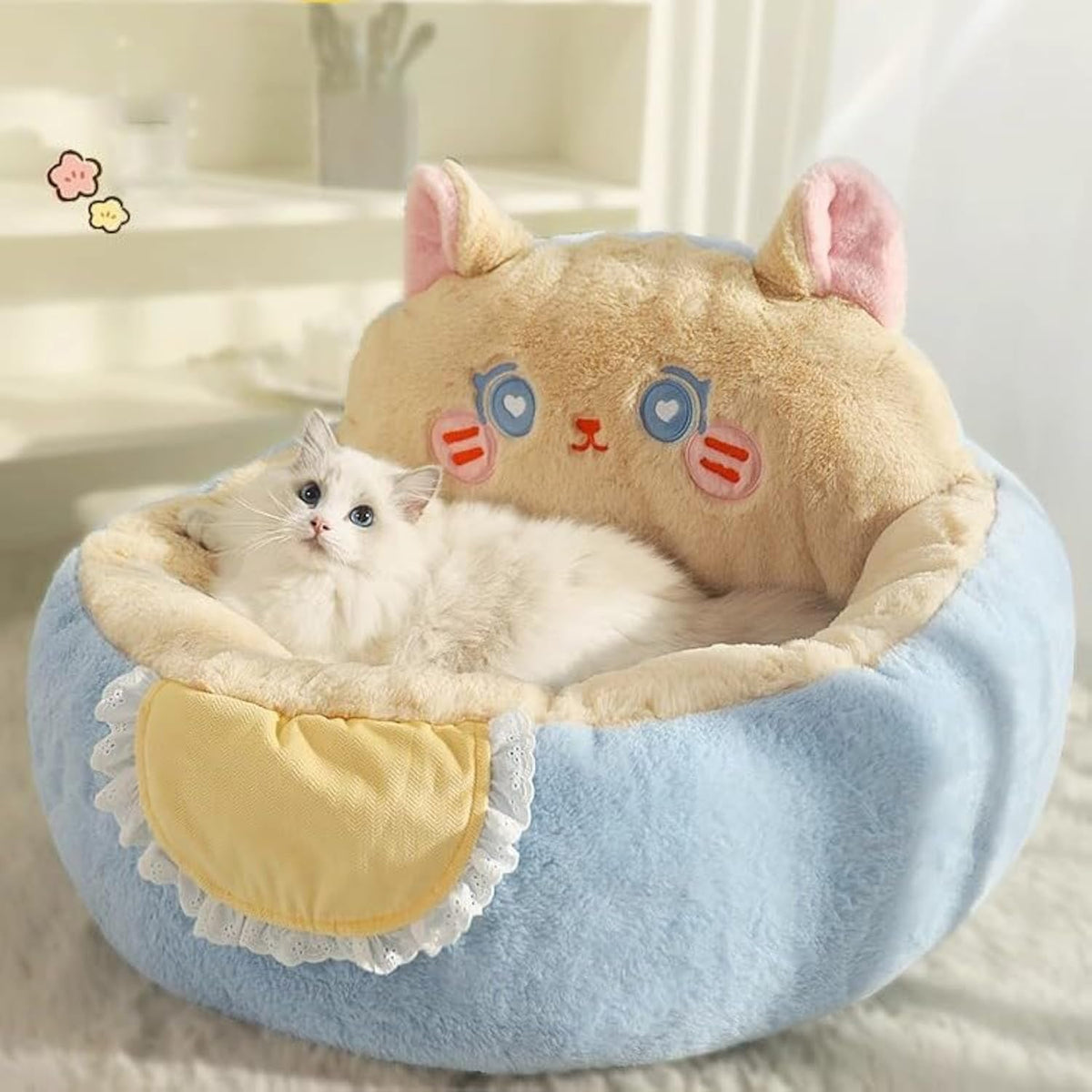 Plush Bear Cat & Small Dog Bed with Washable Cushion