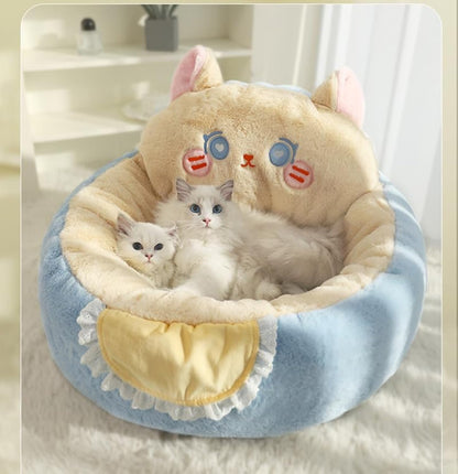 Plush Bear Cat & Small Dog Bed with Washable Cushion