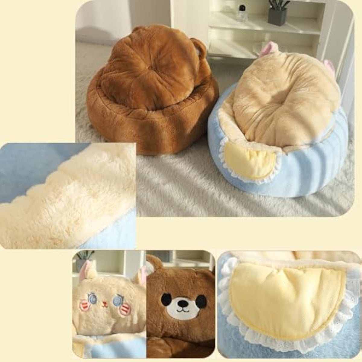 Plush Bear Cat & Small Dog Bed with Washable Cushion